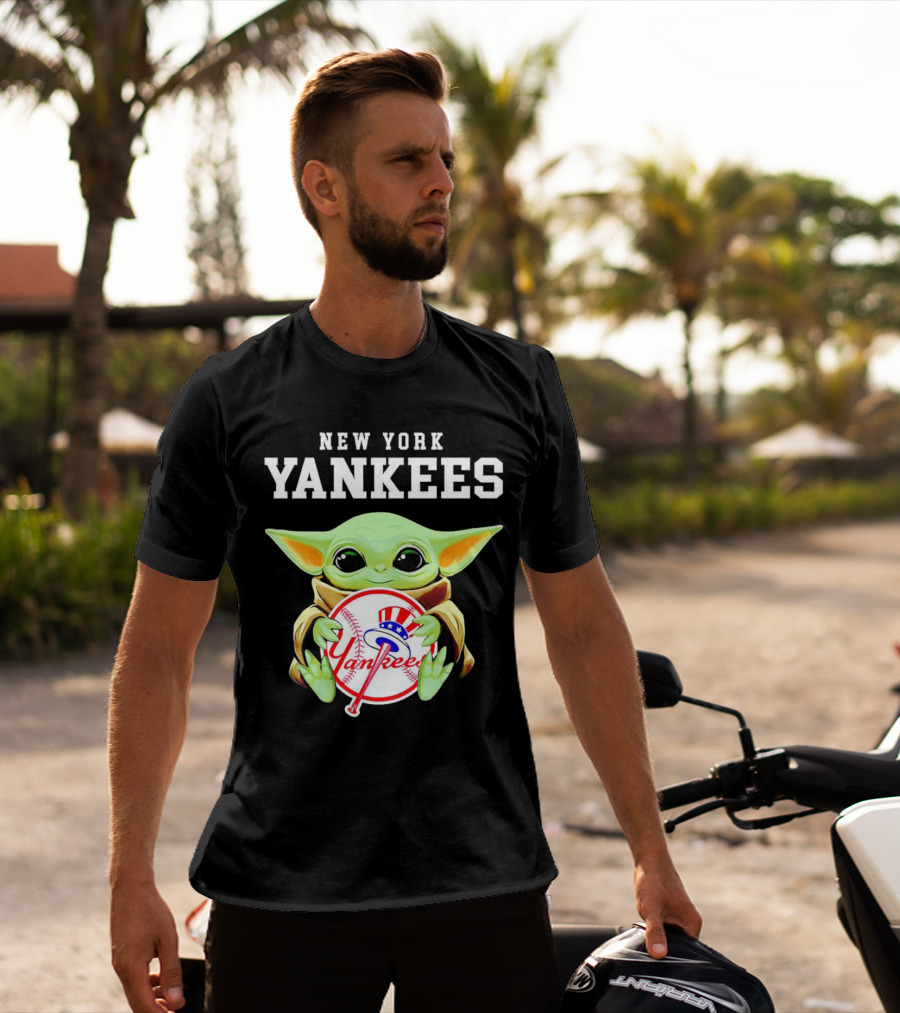 New York Yankees Baby Yoda Holding Team Baseball Emblem T-Shirt