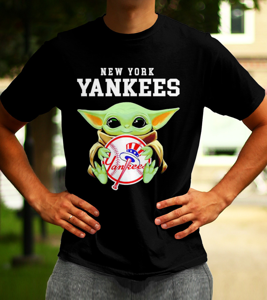 New York Yankees Baby Yoda Holding Team Baseball Emblem T-Shirt