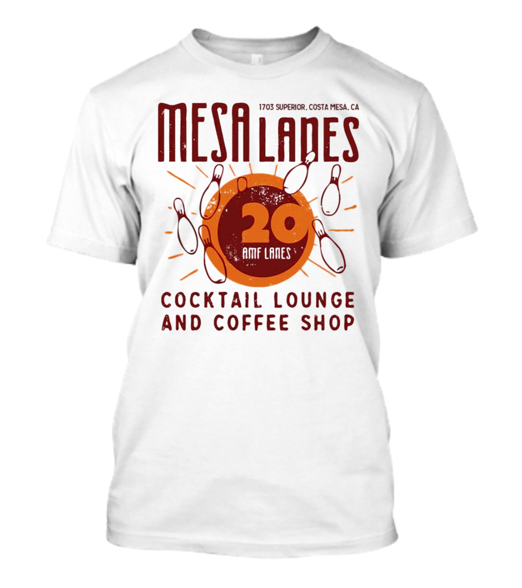 Mesa Lanes 20 Lane Costa Mesa Cocktail Lounge And Coffee Shop Retro Bowling Alley T-Shirt