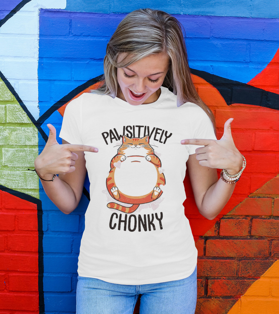 Pawsitively Chonky Cat With Hearts And Smiling Orange Tabby T-Shirt