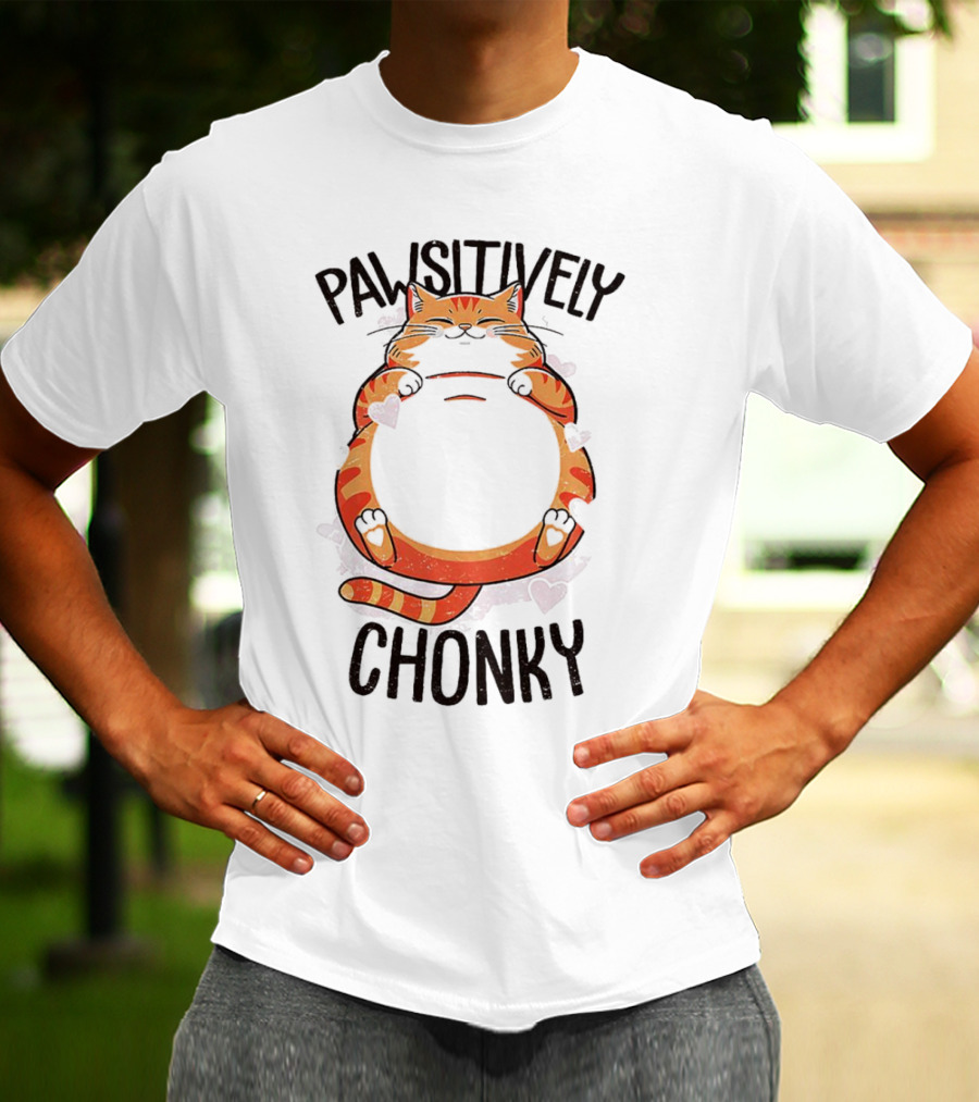 Pawsitively Chonky Cat With Hearts And Smiling Orange Tabby T-Shirt