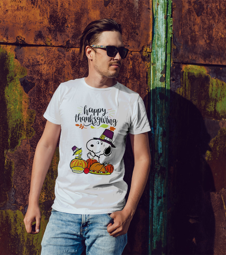 Thanksgiving Snoopy And Woodstock With Pilgrim Hats Feast T-Shirt