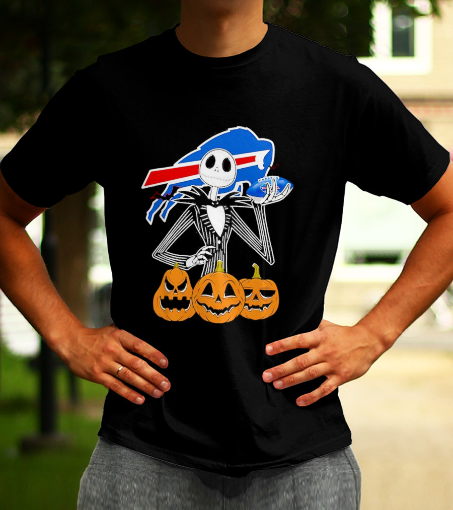 Buffalo Bills Jack Skellington Holding Football Halloween Pumpkins T-Shirt