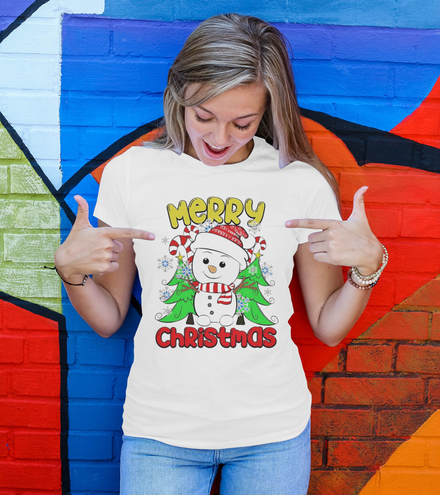 Merry Christmas Snowman With Candy Canes And Snowflakes T-Shirt