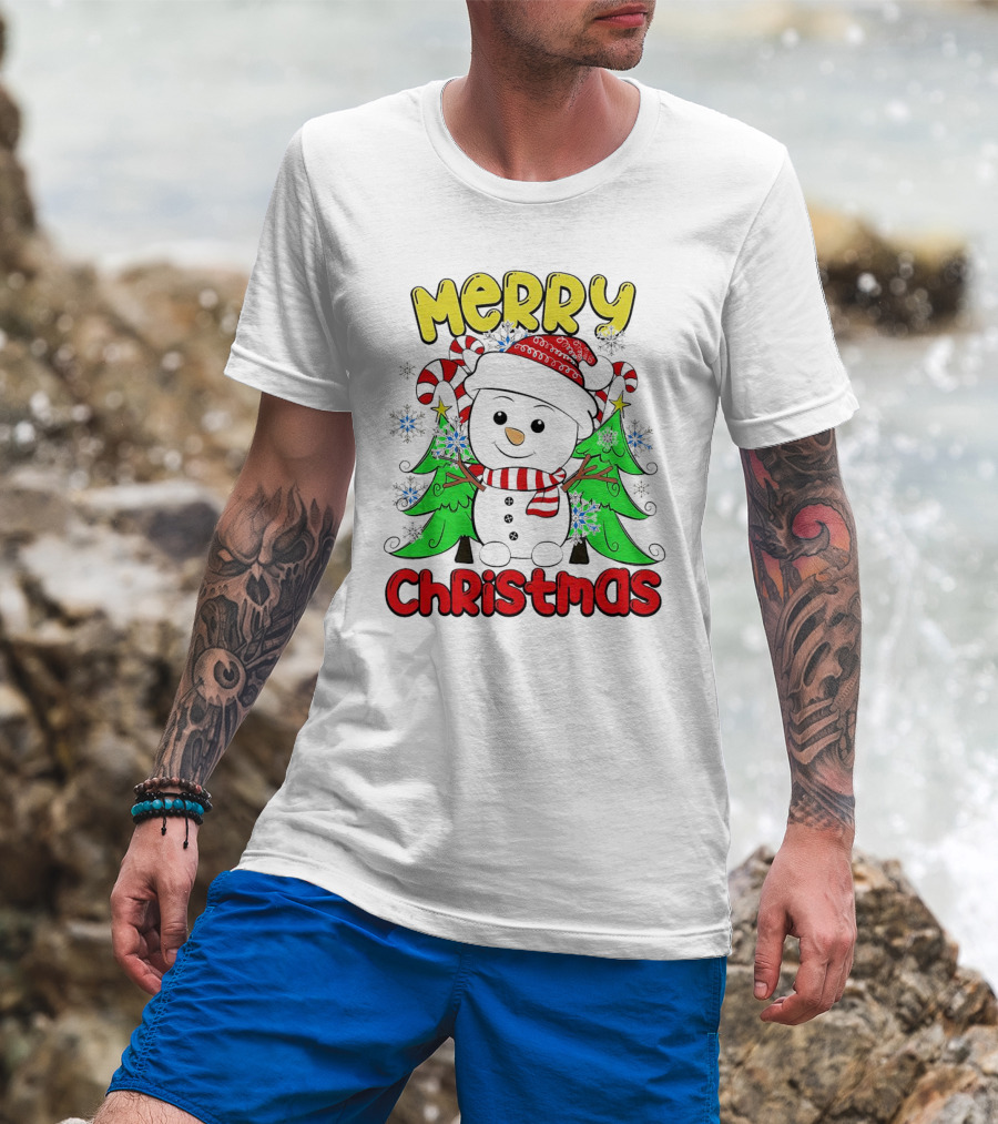 Merry Christmas Snowman With Candy Canes And Snowflakes T-Shirt