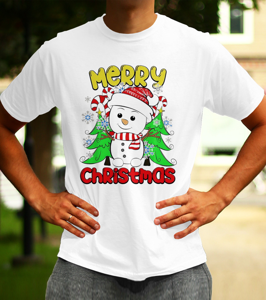 Merry Christmas Snowman With Candy Canes And Snowflakes T-Shirt