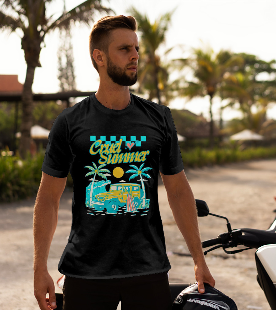 Cruel Summer Beach Vintage Jeep Palm Trees Retro Sun Wave Heart T-Shirt