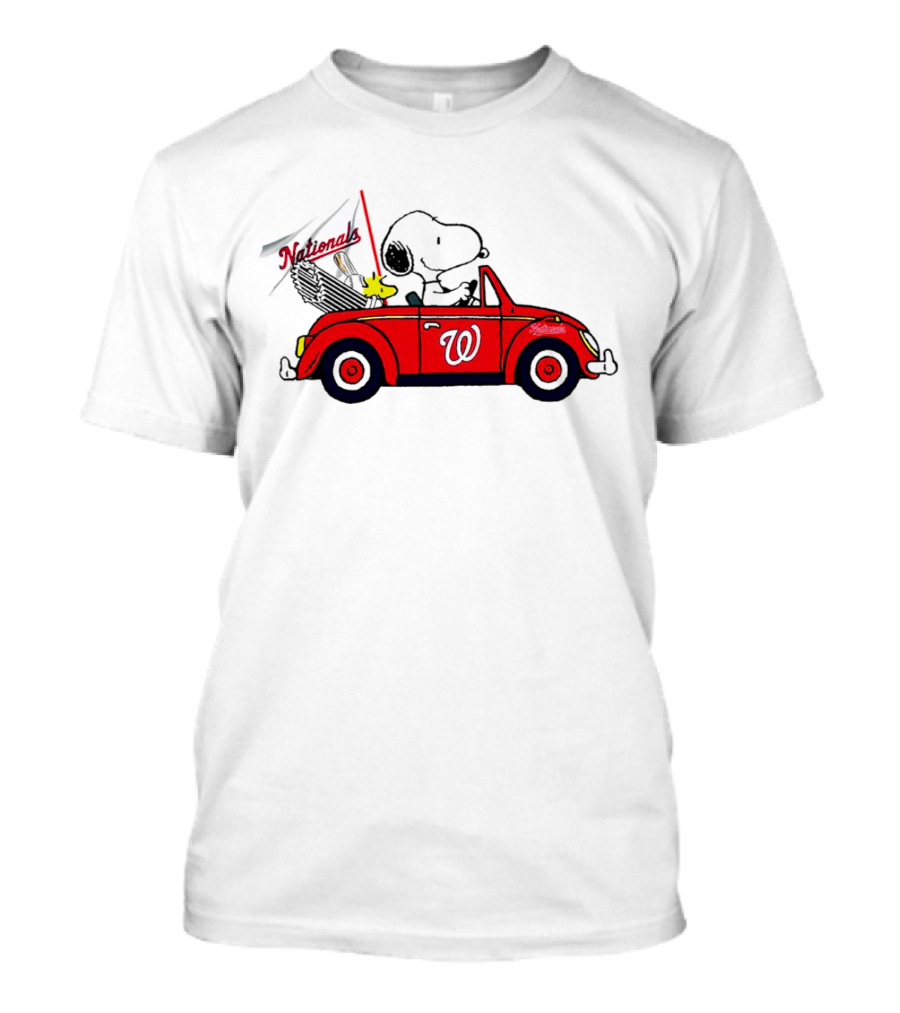 Snoopy And Woodstock In Red Car With Washington Nationals Flag T-Shirt