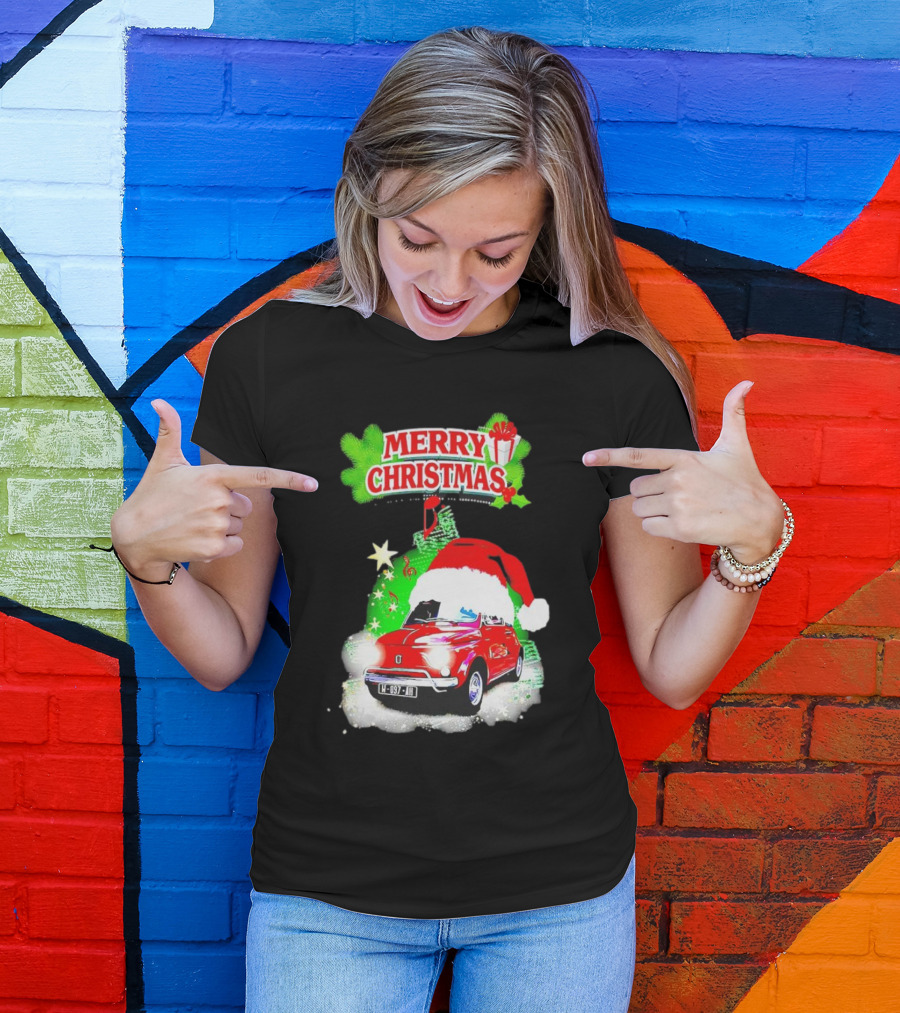 Merry Christmas Red Fiat 500 With Santa Hat And Green Background T-Shirt