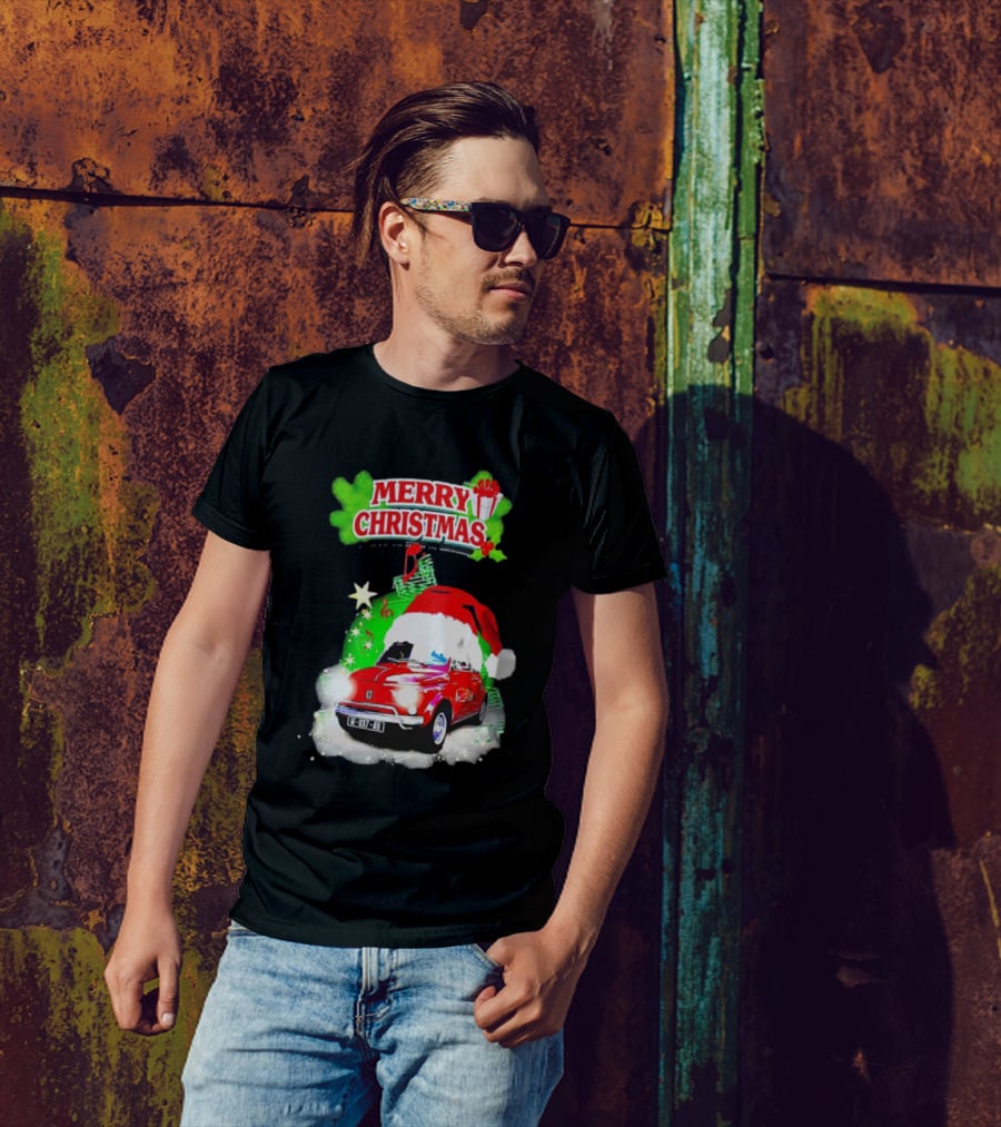 Merry Christmas Red Fiat 500 With Santa Hat And Green Background T-Shirt