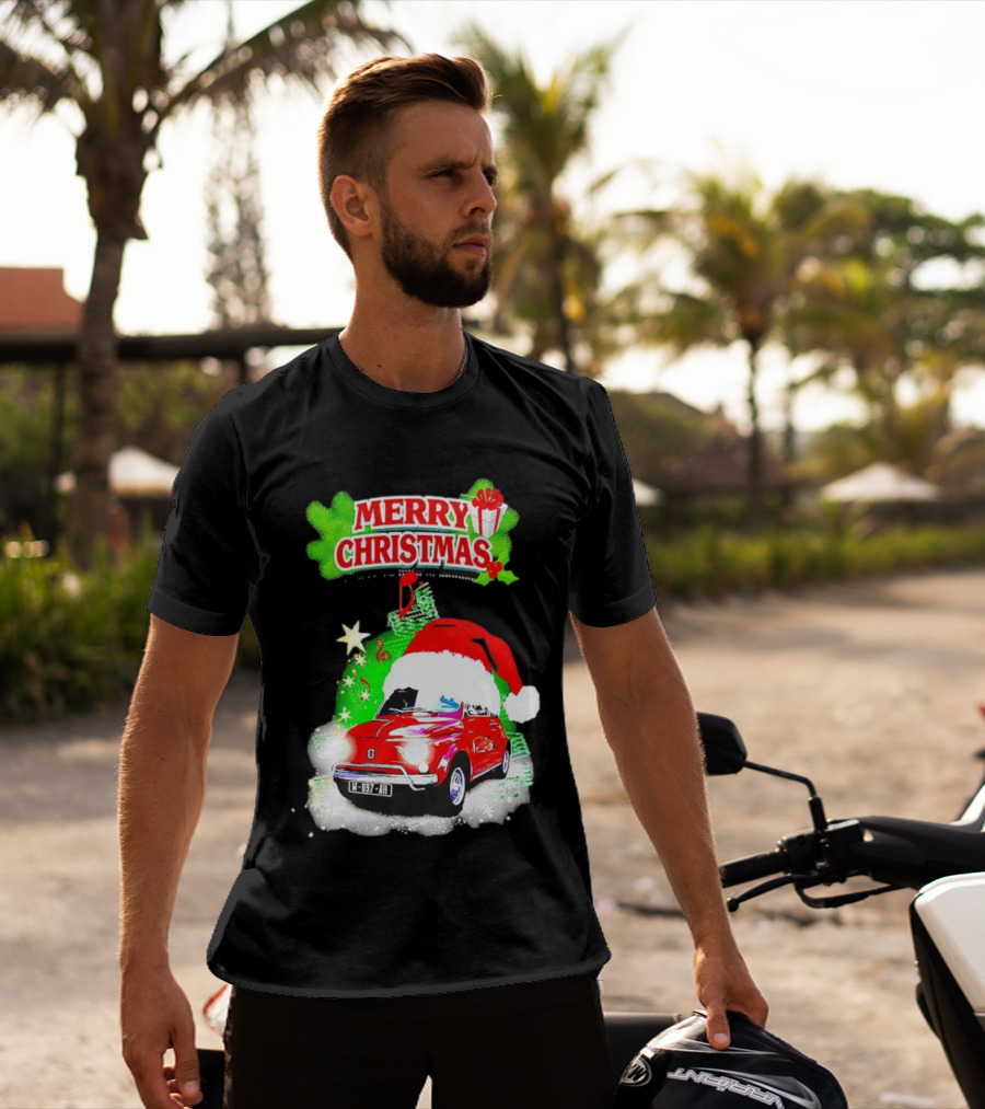 Merry Christmas Red Fiat 500 With Santa Hat And Green Background T-Shirt