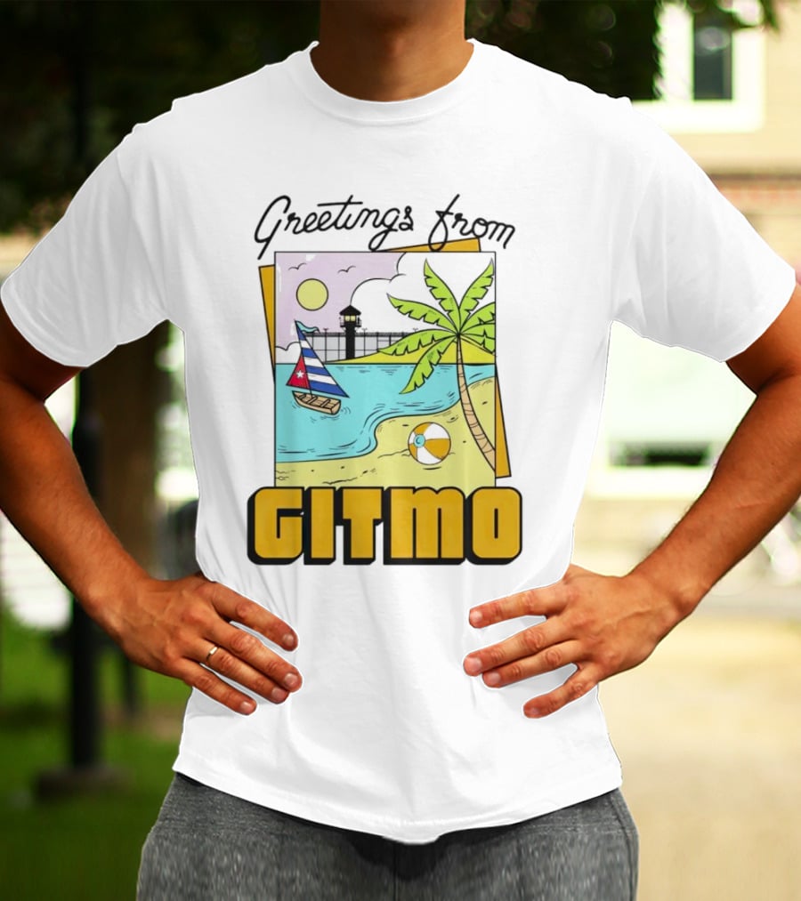 Greetings From Gitmo Palm Beach Scene With Sailboat And Volleyball T-Shirt