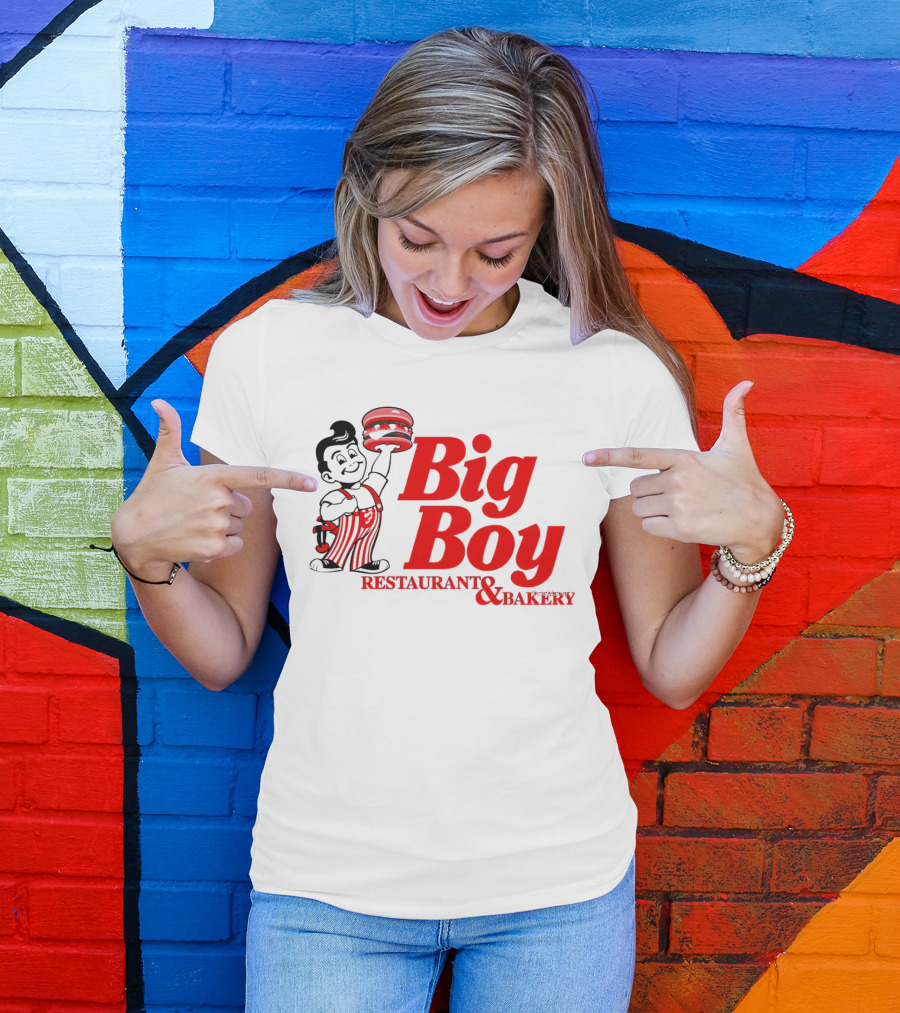 Big Boy Restaurant And Bakery Logo - Iconic Red Text With Burger Mascot T-Shirt