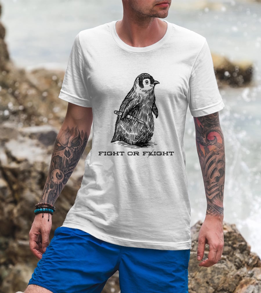 Penguin Fight Or Flight Joke With Knife Drawing T-Shirt