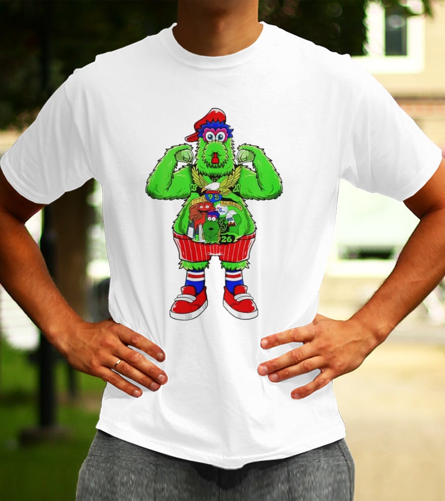 Philly Phanatic Mascots Sporting Red Cap And Sneakers With 1980 2008 1985 1995 2008 Numbers T-Shirt
