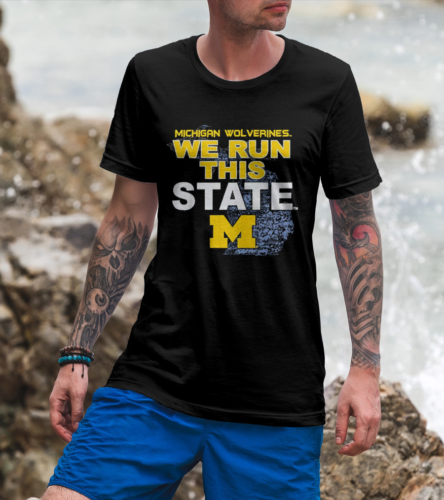 Michigan Wolverines We Run This State M Logo Michigan Map T-Shirt
