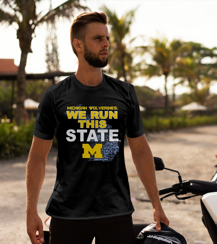Michigan Wolverines We Run This State M Logo Michigan Map T-Shirt