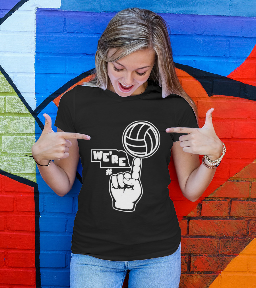 We're Number One Nebraska Volleyball Finger Gesture And Volleyball Map T-Shirt