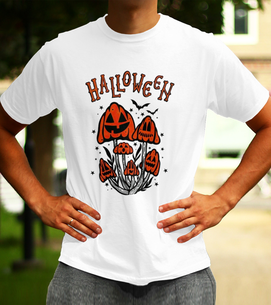 Halloween Pumpkin Mushrooms With Bats And Stars T-Shirt