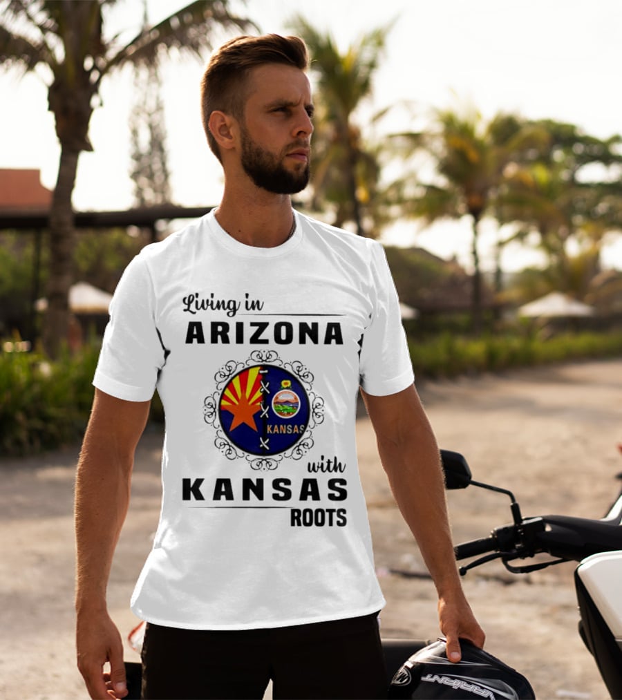 Living In Arizona Embracing Kansas Roots With State Seal Elements T-Shirt