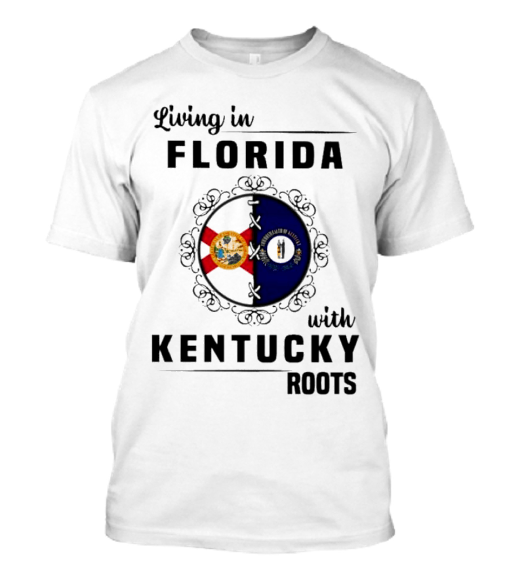 Living In Florida Embracing Kentucky Roots With State Flags Crest T-Shirt