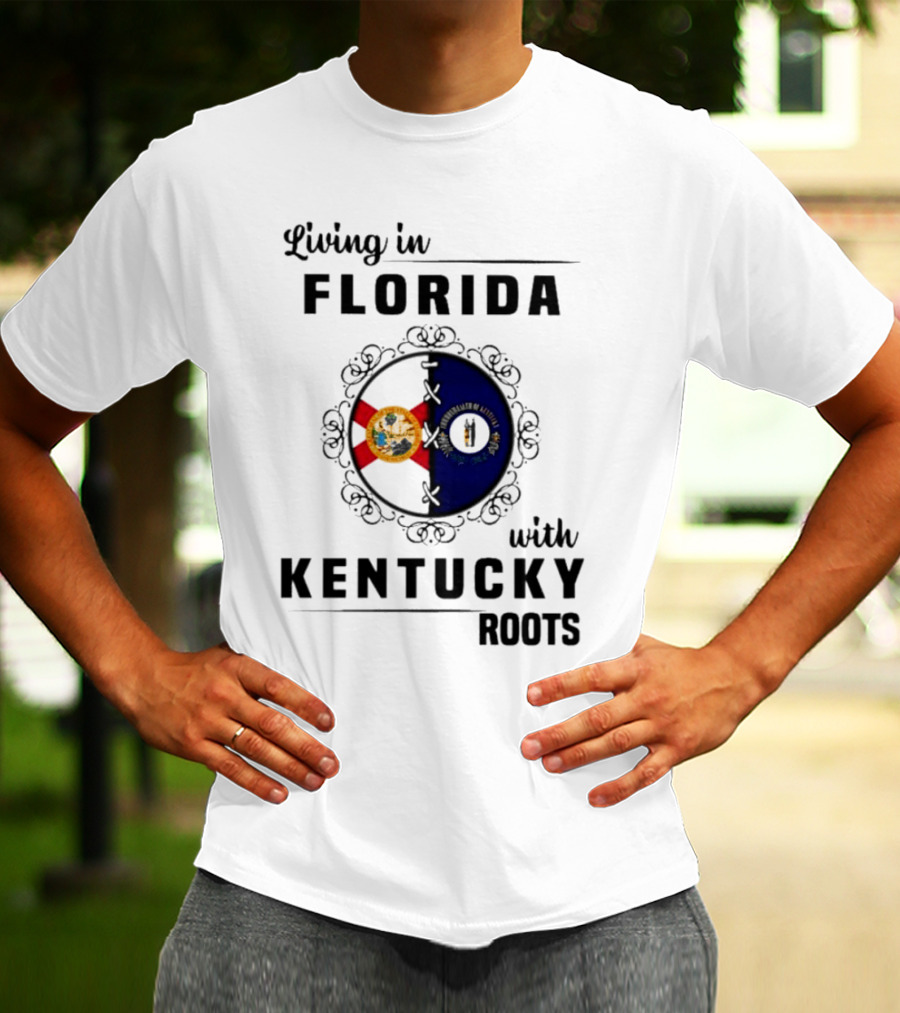 Living In Florida Embracing Kentucky Roots With State Flags Crest T-Shirt