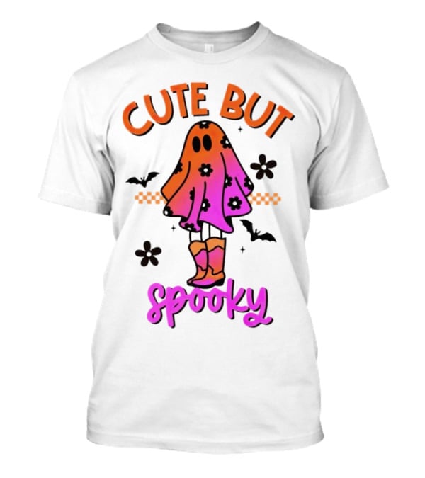 Cute But Spooky Halloween Ghost With Bat And Floral Boot Accents T-Shirt