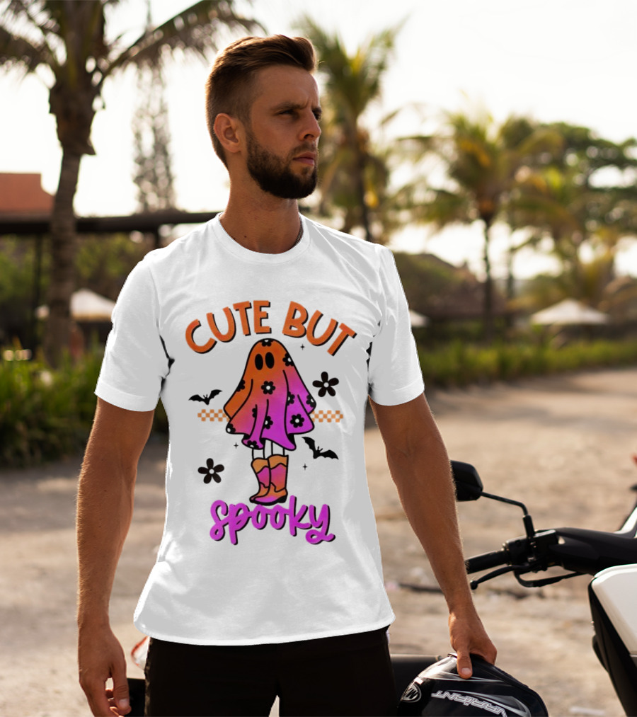 Cute But Spooky Halloween Ghost With Bat And Floral Boot Accents T-Shirt