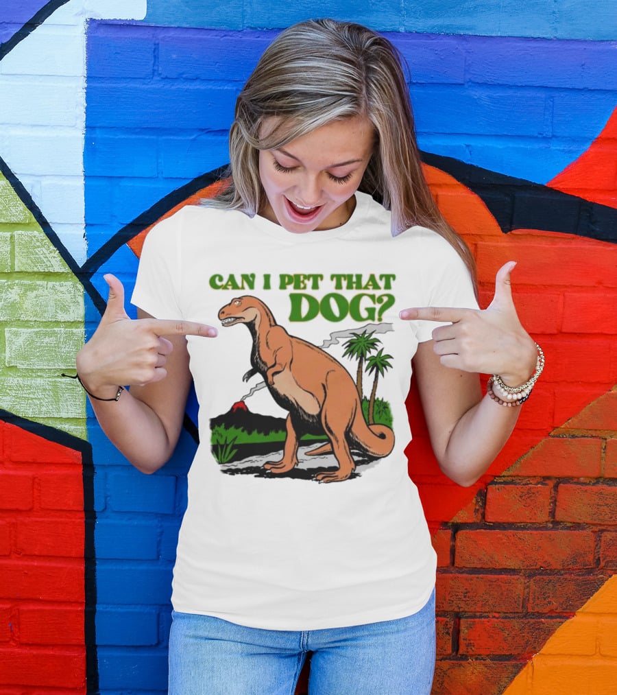 Can I Pet That Dog Dinosaur Volcano And Palm Trees T-Shirt