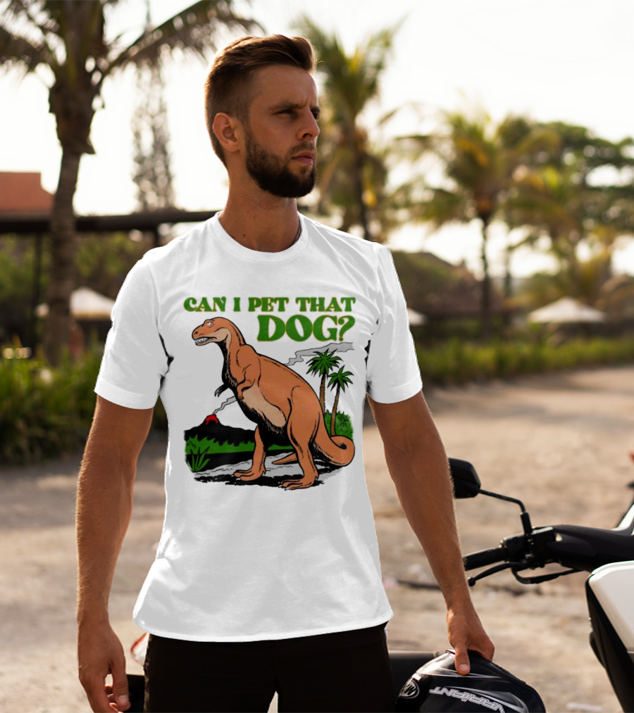 Can I Pet That Dog Dinosaur Volcano And Palm Trees T-Shirt