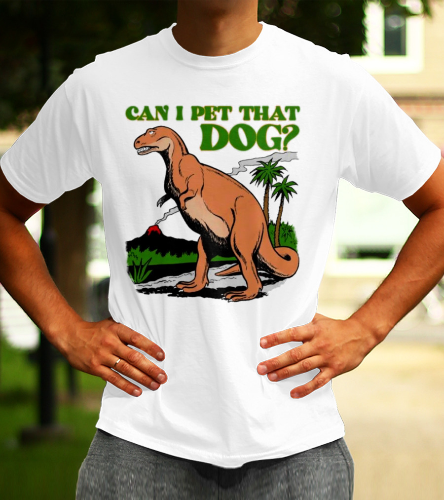Can I Pet That Dog Dinosaur Volcano And Palm Trees T-Shirt