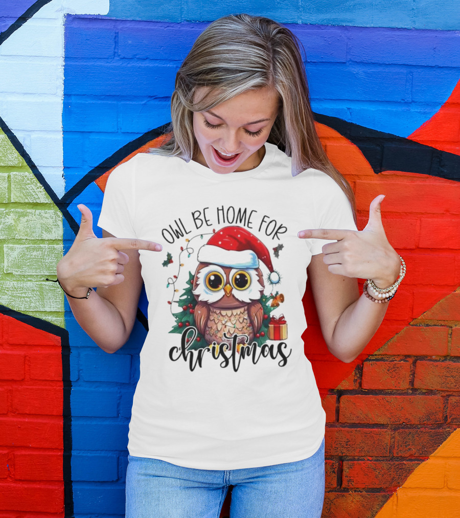 Owl Be Home For Christmas Santa Hat Owl Festive Lights Gift Box T-Shirt