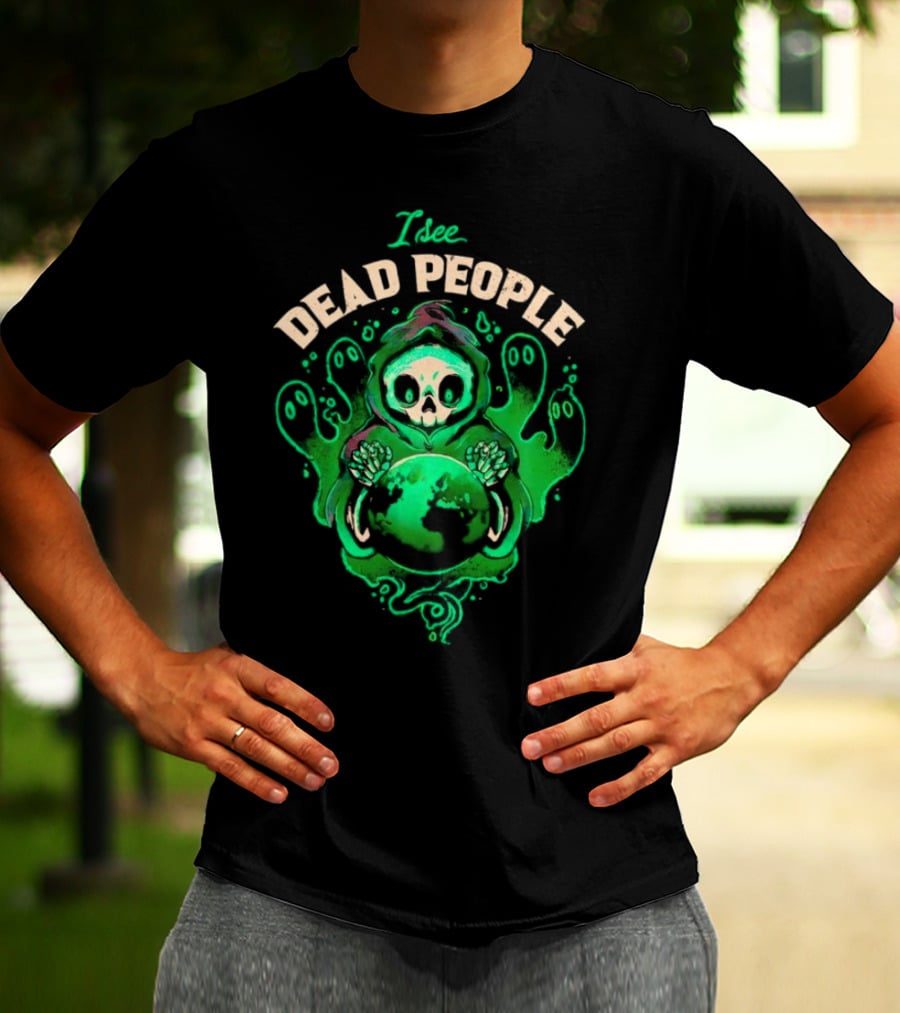 I See Dead People Grim Reaper Holding Earth With Ghosts T-Shirt