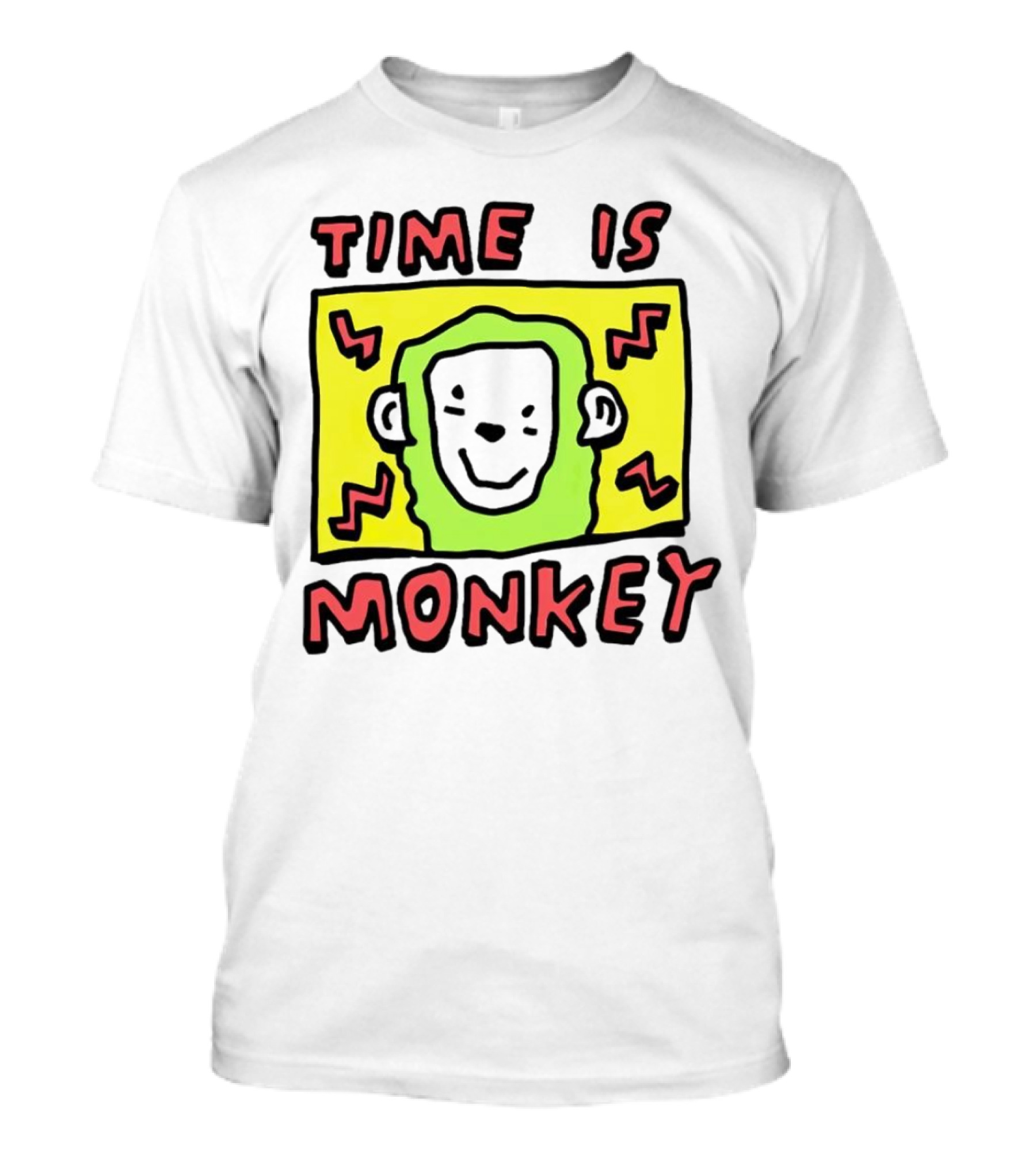 Time Is Monkey Green Highlighted Cartoon Face With Zigzag Lines T-Shirt