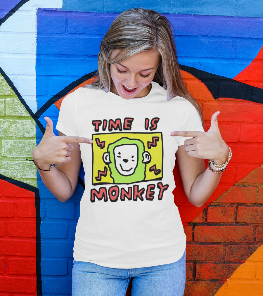 Time Is Monkey Green Highlighted Cartoon Face With Zigzag Lines T-Shirt