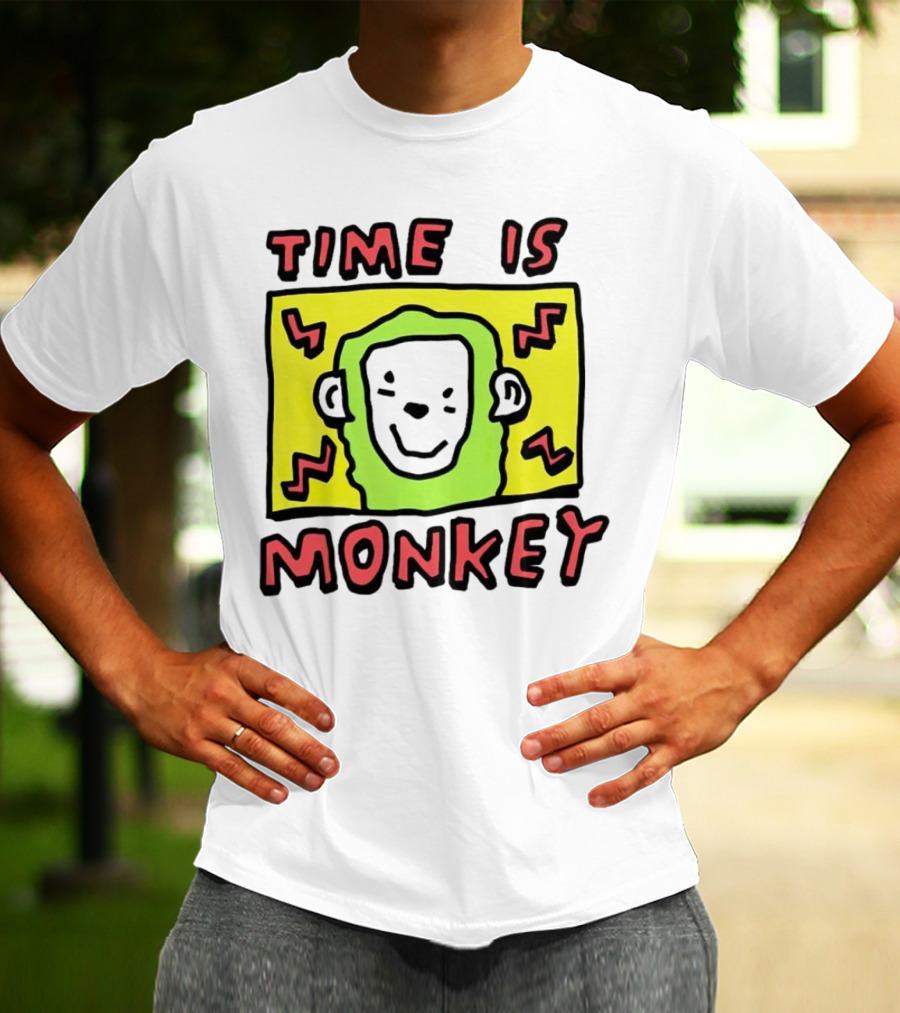 Time Is Monkey Green Highlighted Cartoon Face With Zigzag Lines T-Shirt