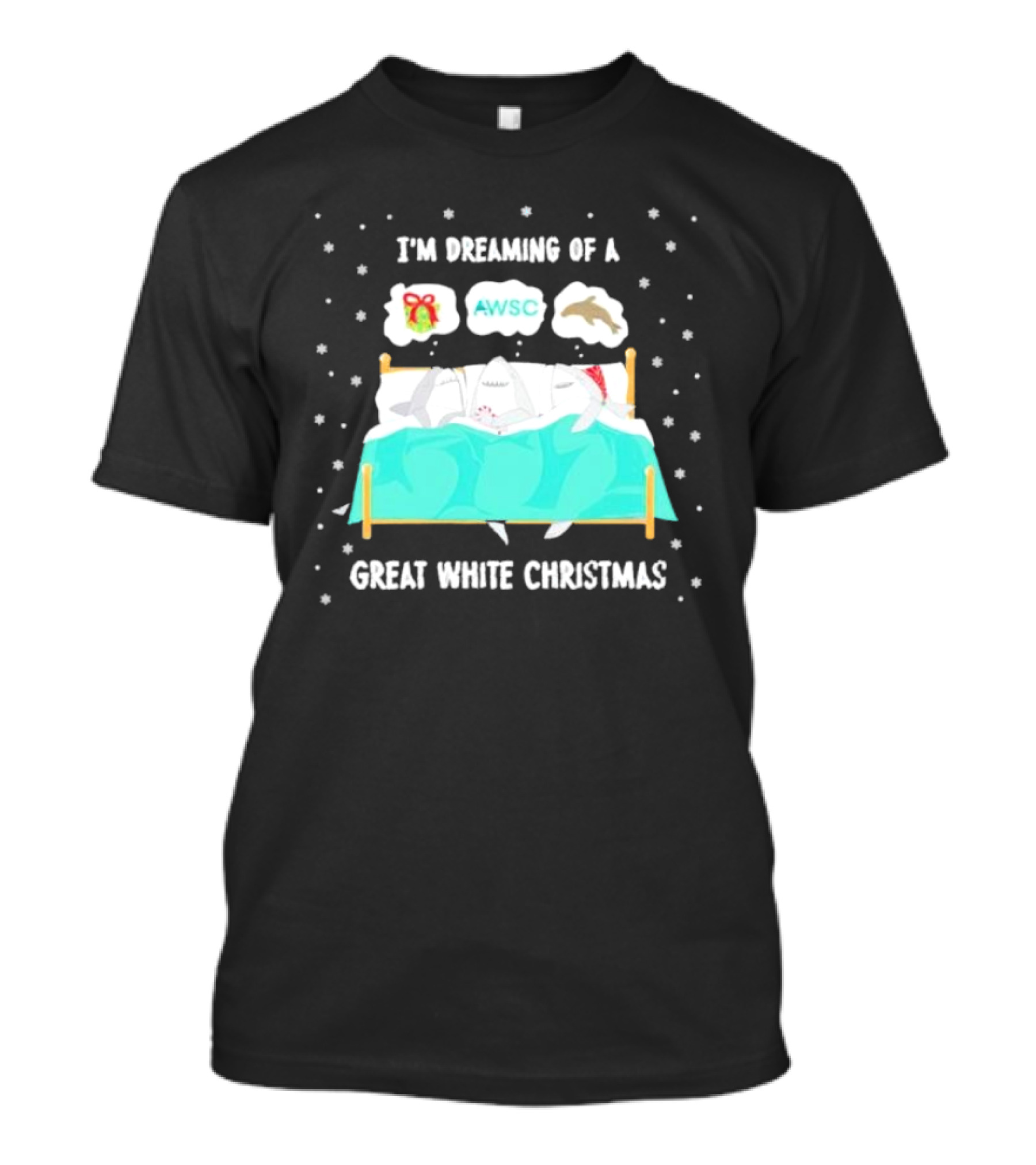 I'm Dreaming Of A Great White Christmas AWSC Shark In Bed With Snowflakes T-Shirt