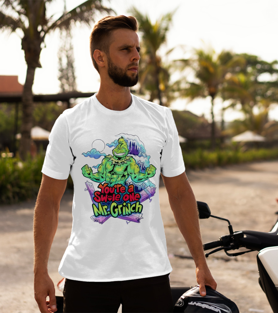 You’re A Swole One Mr Grinch Fitness Muskula Green Character With Frosted Mountain Background T-Shirt