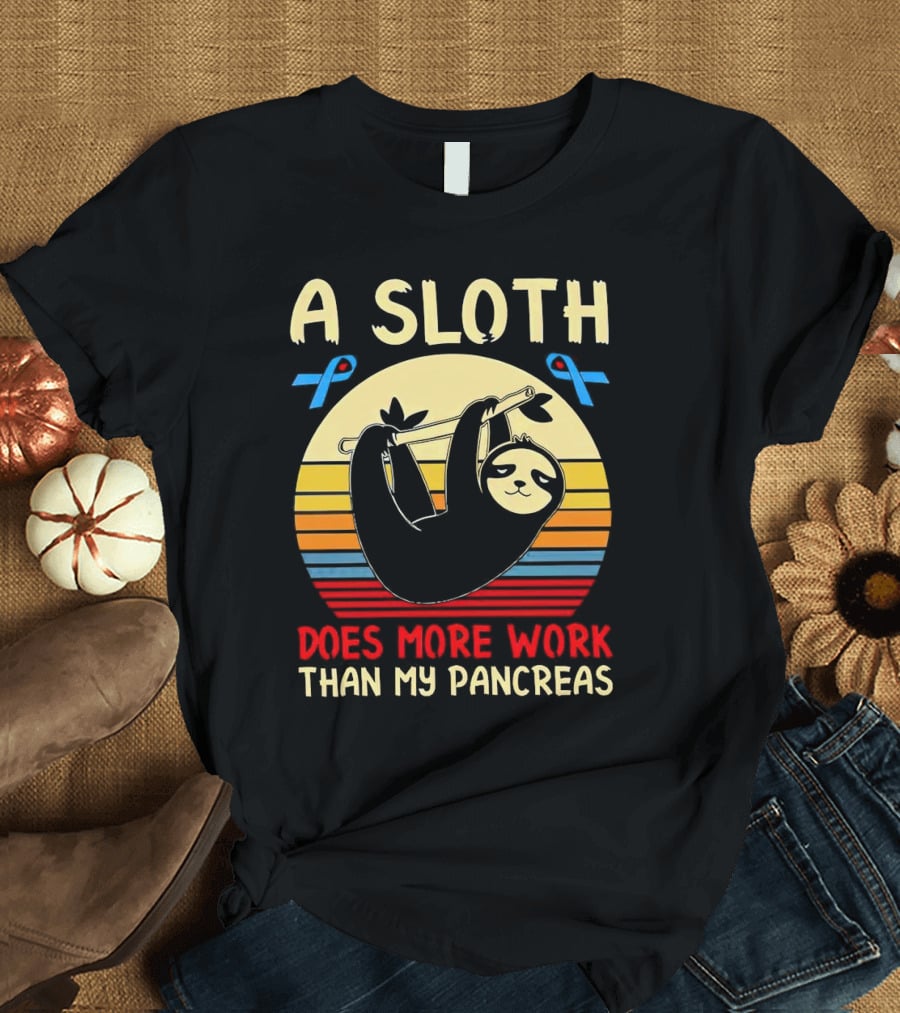 A Sloth Does More Work Than My Pancreas Vintage Style With Blue Diabetes Awareness Ribbons T-Shirt