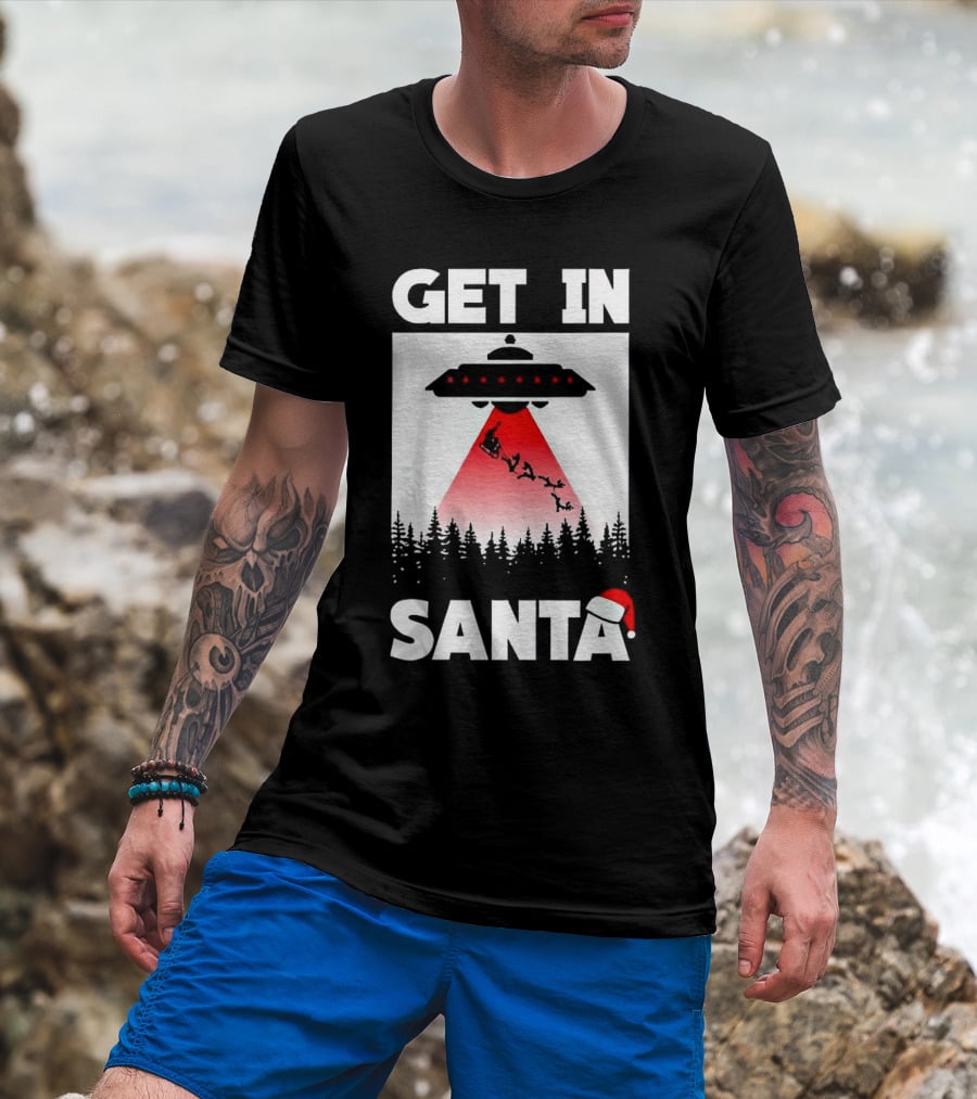 Get In Santa UFO Alien With Reindeer Christmas Abduction T-Shirt
