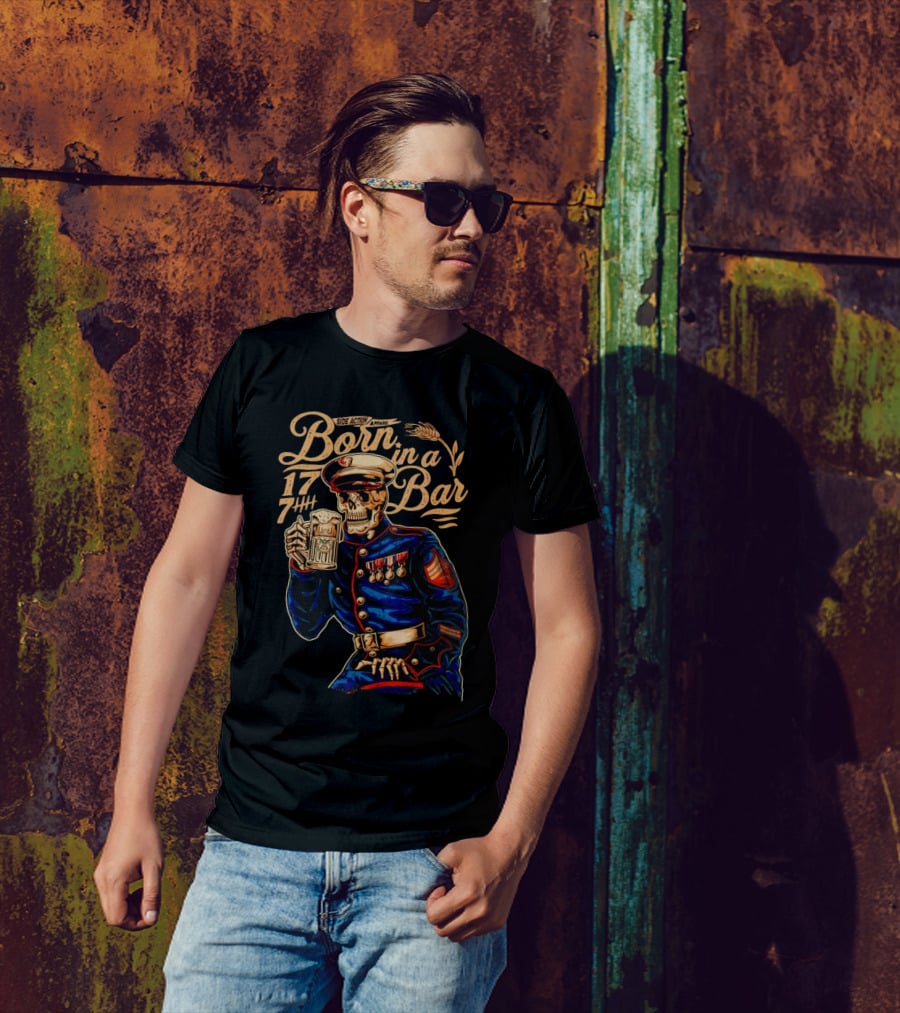 Side Action Apparel Born In A Bar 1774 Skeleton Marine Drinking Beer T-Shirt
