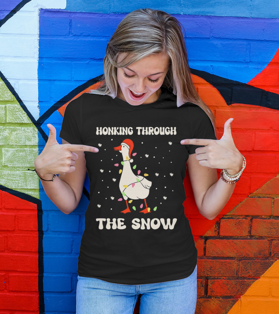 Honking Through The Snow Goose Wrapped In Christmas Lights T-Shirt