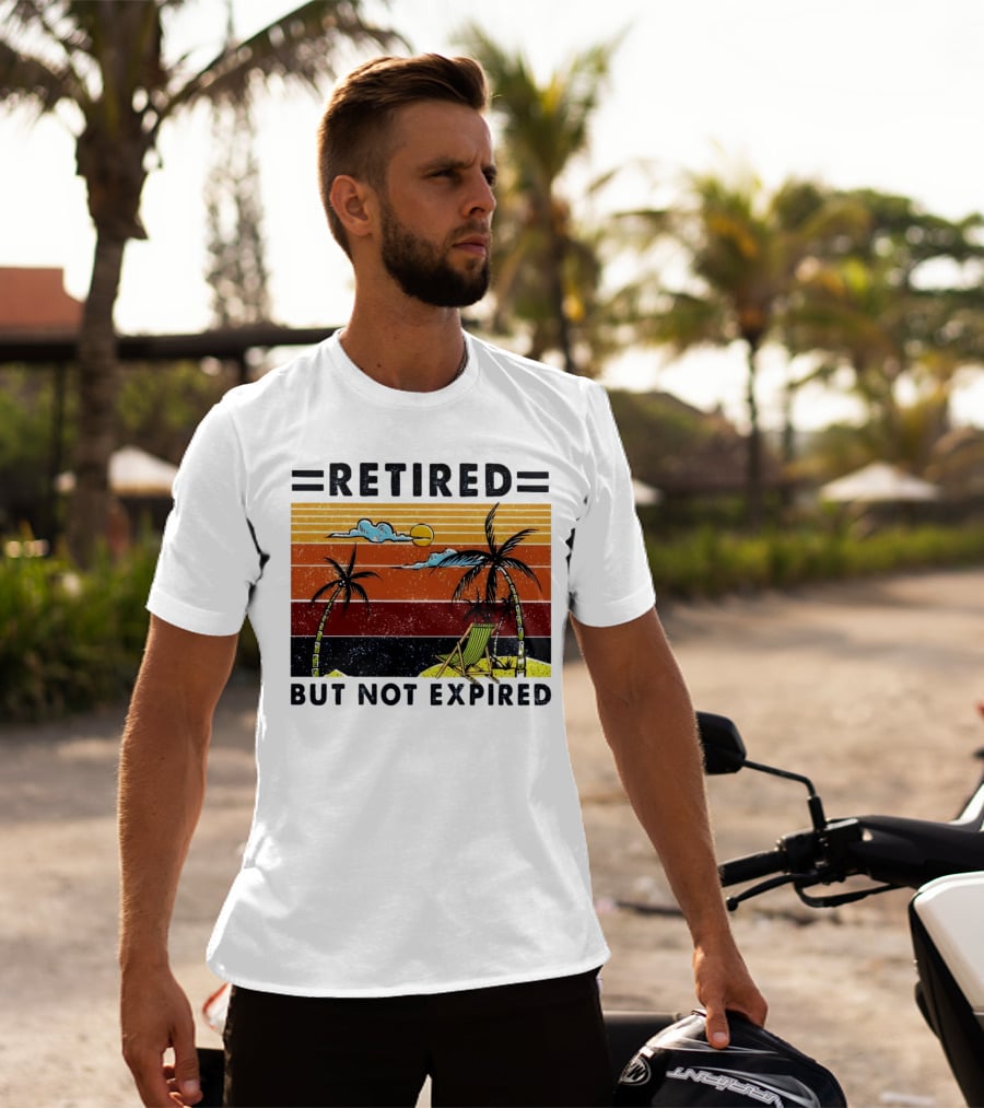 Retired But Not Expired Beach Vintage Sunset Palm Trees Chair Retro T-Shirt