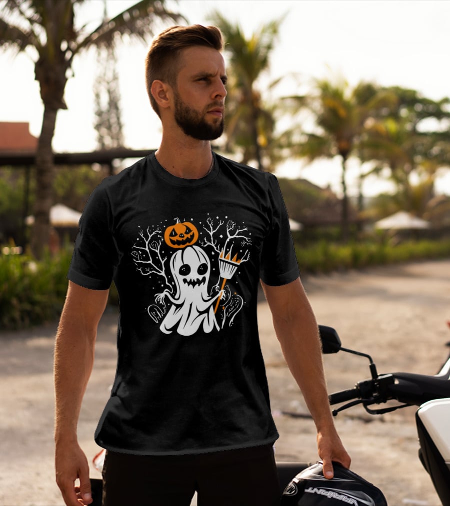 Pumpkin King Halloween Ghost With Broomstick T-Shirt