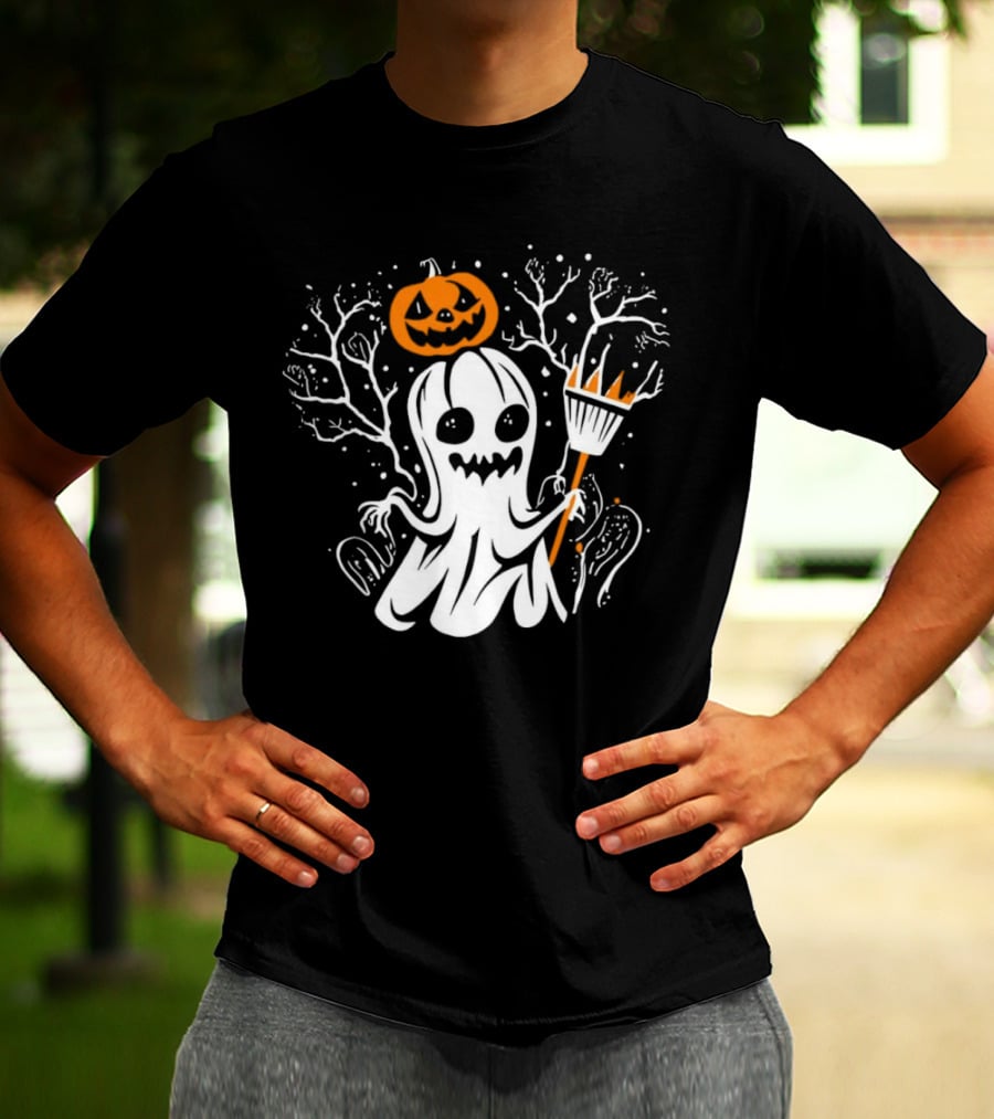 Pumpkin King Halloween Ghost With Broomstick T-Shirt