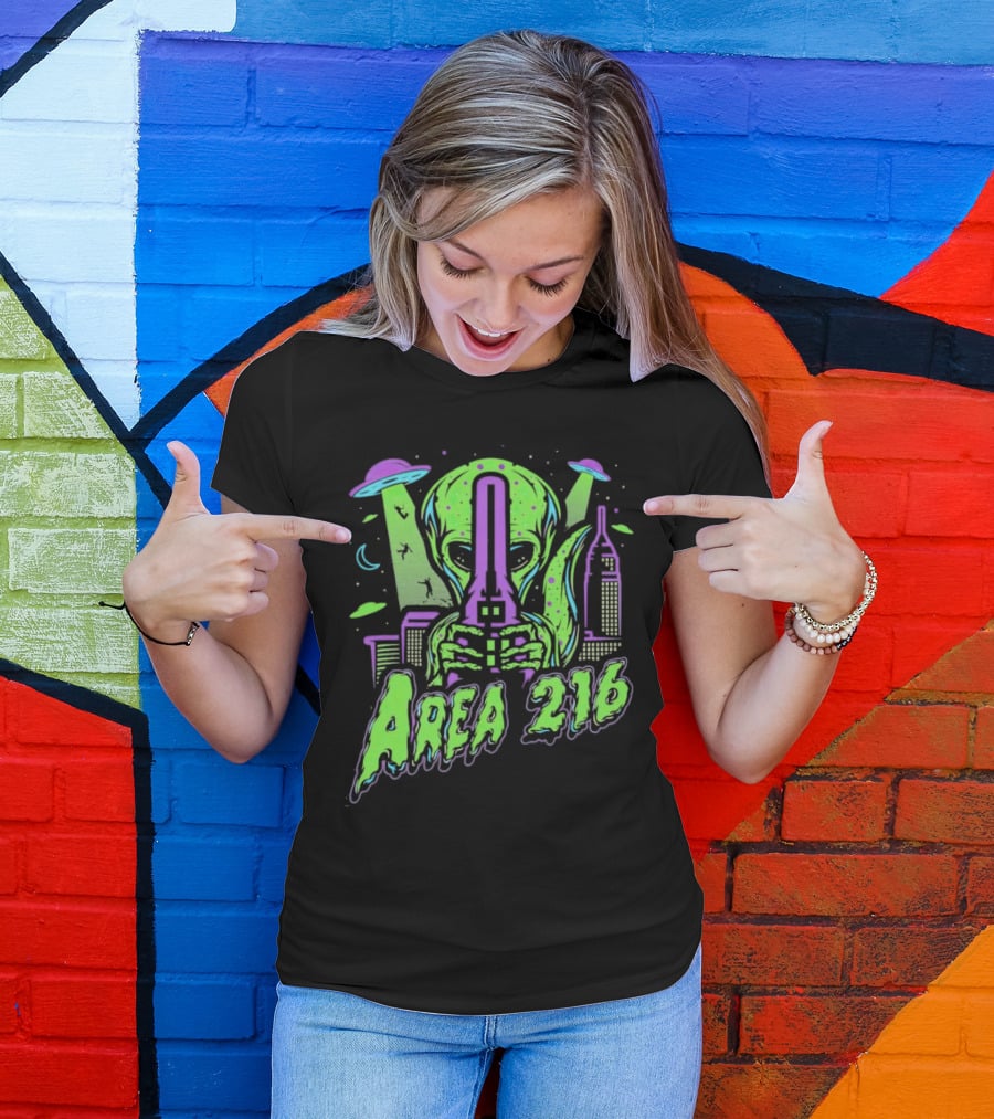 Area 216 Alien UFO City Skyline Neon T-Shirt