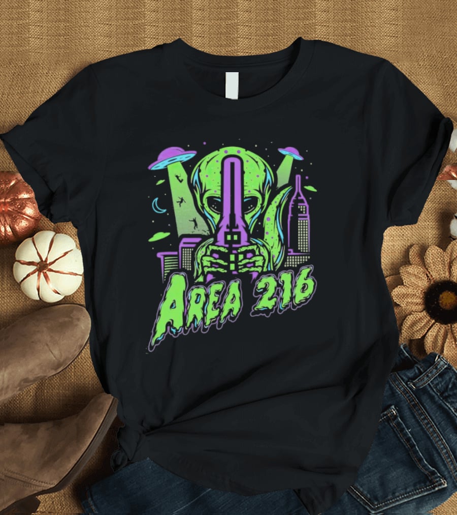 Area 216 Alien UFO City Skyline Neon T-Shirt