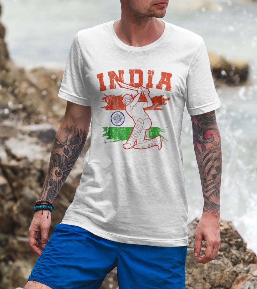 India Cricket Enthusiasts Batting Action With Ashoka Chakra T-Shirt