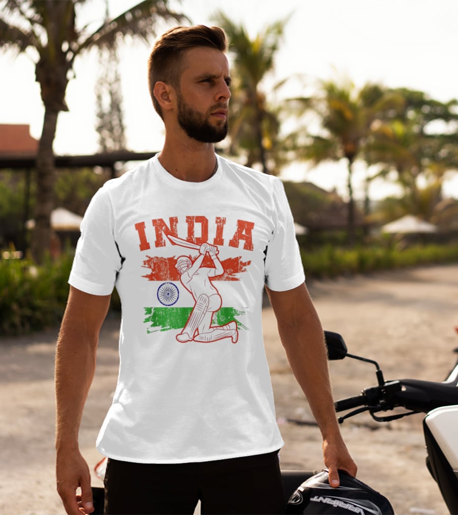 India Cricket Enthusiasts Batting Action With Ashoka Chakra T-Shirt