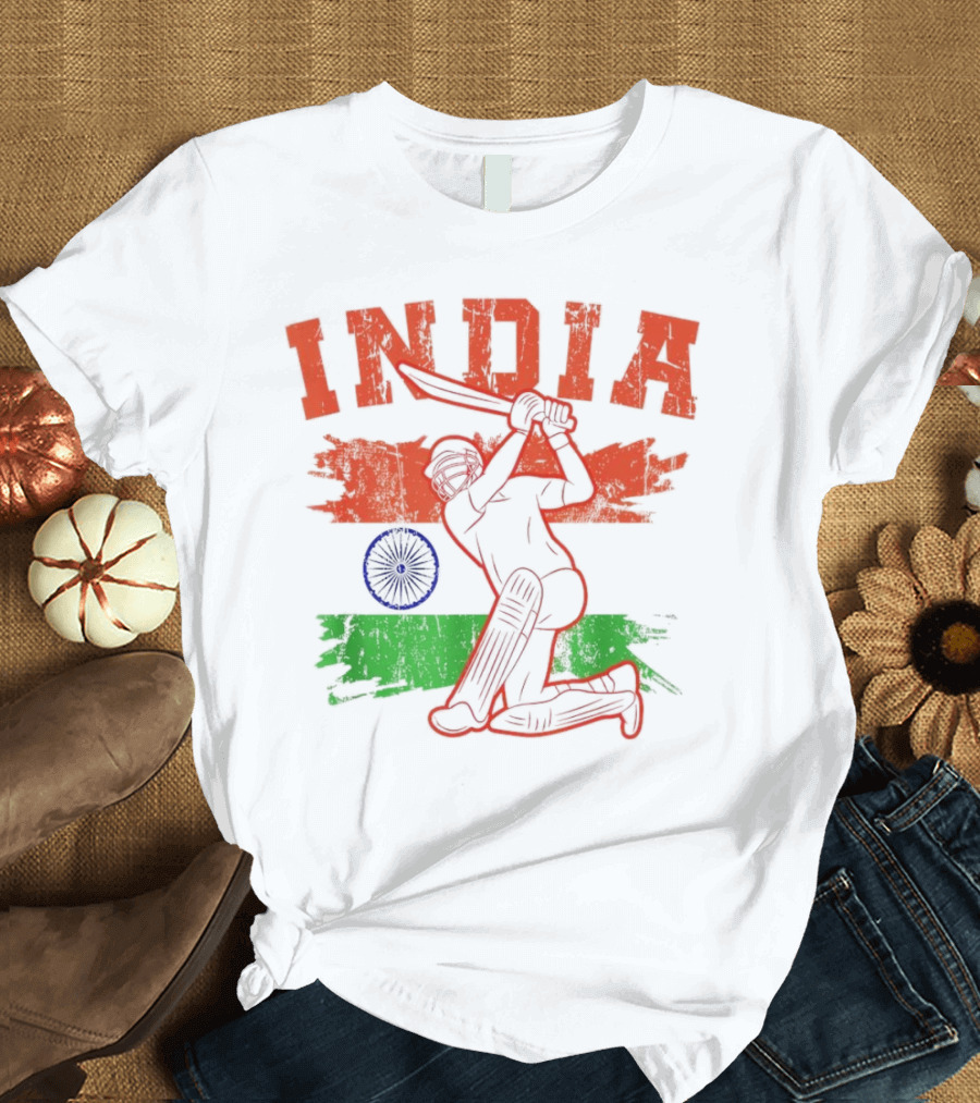 India Cricket Enthusiasts Batting Action With Ashoka Chakra T-Shirt